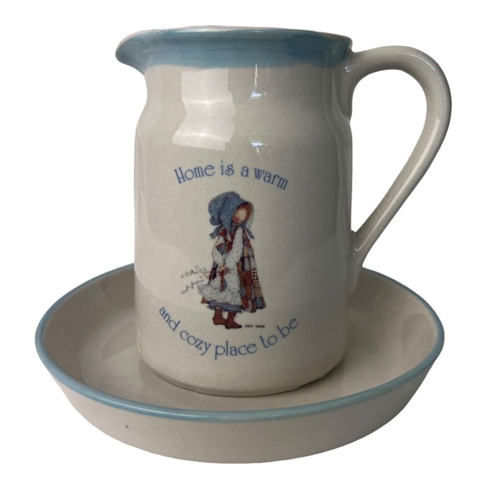 Holly Hobby Pitcher & Plate Vintage Flower Vase Decor "Blue Girl  Stoneware 1978